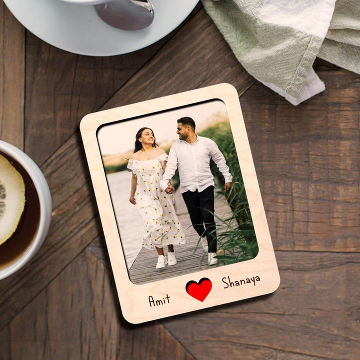Wooden Personalized Couple Fridge Magnet With Photo Frame - Zwende