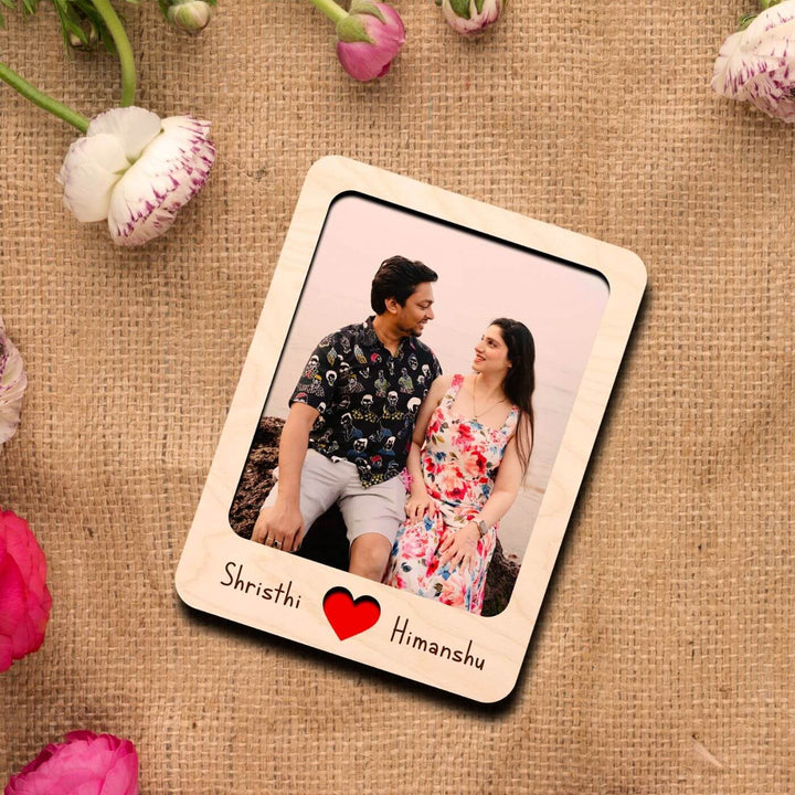 Wooden Personalized Couple Fridge Magnet With Photo Frame - Zwende