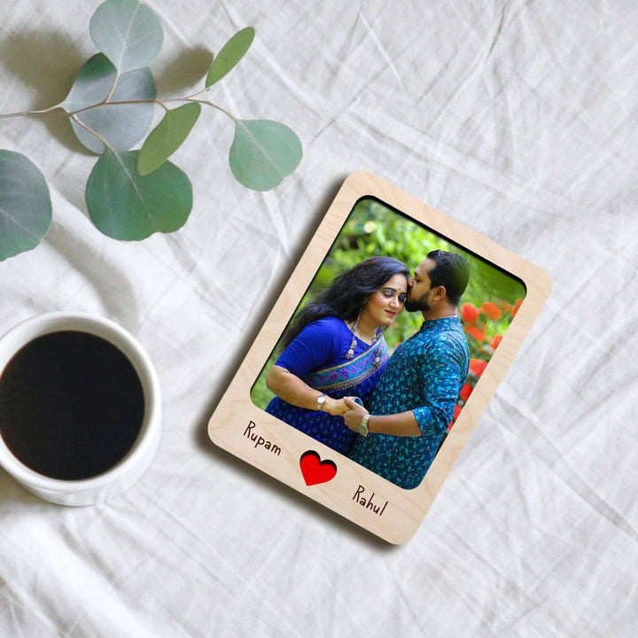 Wooden Personalized Couple Fridge Magnet With Photo Frame - Zwende