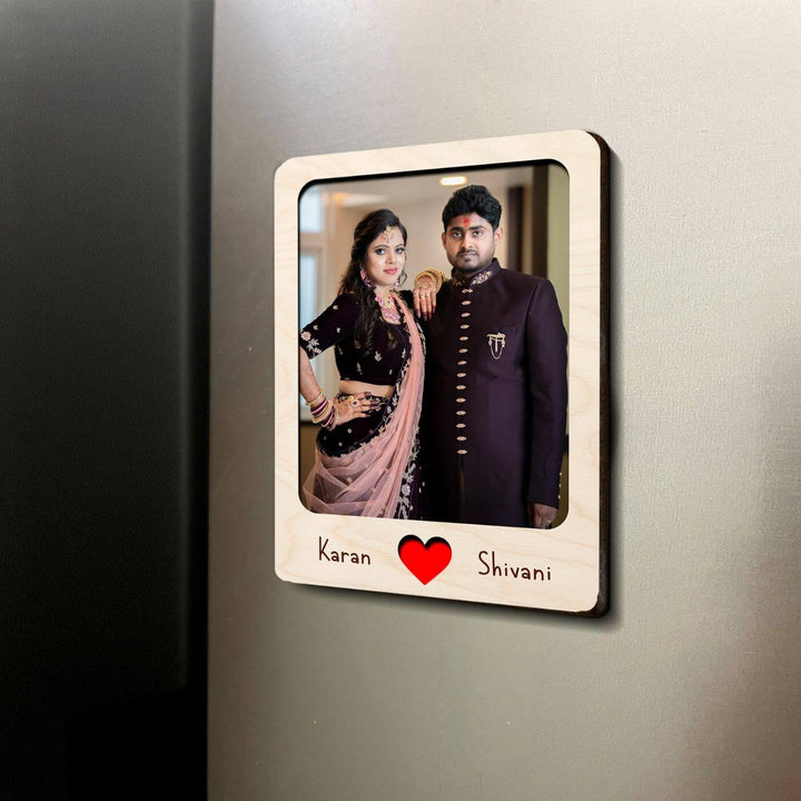 Wooden Personalized Couple Fridge Magnet With Photo Frame - Zwende