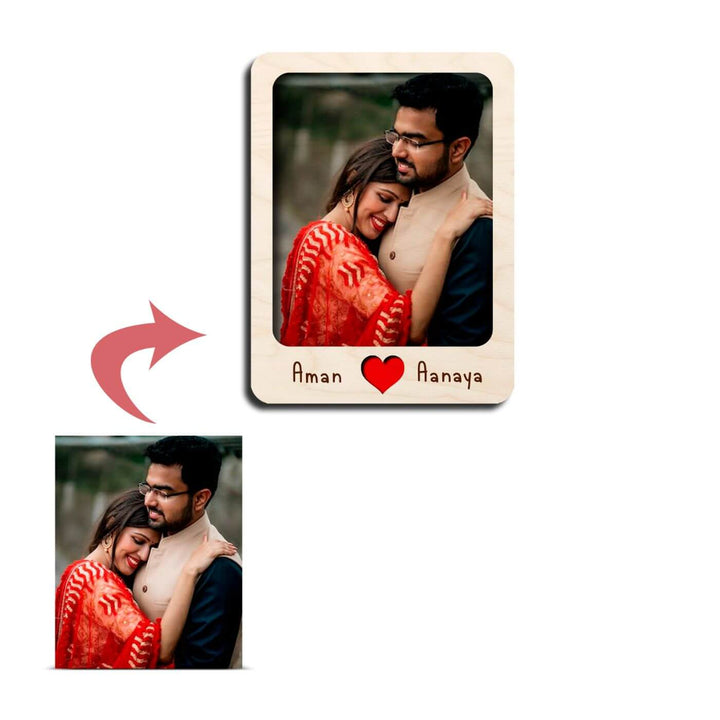 Wooden Personalized Couple Fridge Magnet With Photo Frame - Zwende