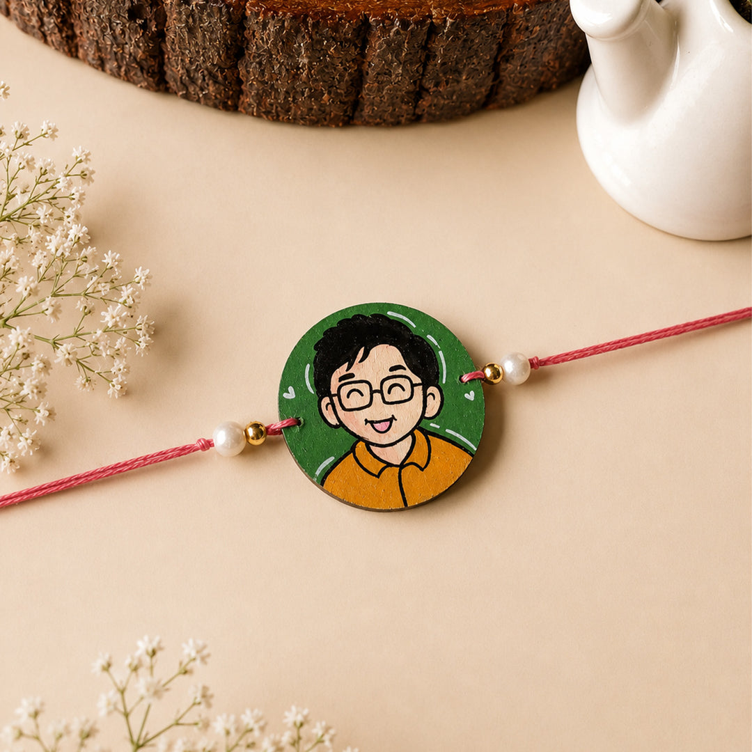 Photo Personalized Handpainted Reusable Caricature Mdf Wood Rakhi With Roli Chawal For Younger Brother