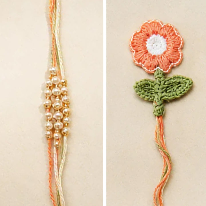 Handmade Threadwork Floral Latkan Rakhi With Roli Chawal For Kids/Bhabhi
