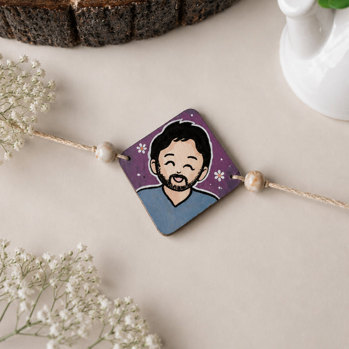 Photo Personalized Handpainted Reusable Caricature Mdf Wood Rakhi With Roli Chawal For Cousin Brother
