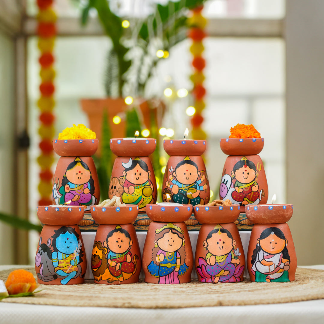 Hand-Painted Devis Theme Terracotta Tealight Holder | Set Of 9