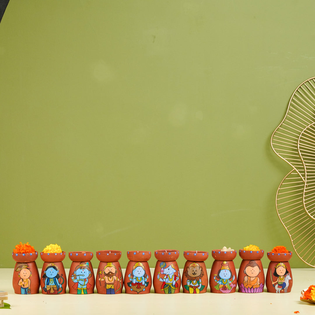 Hand-Painted Dashavatar Theme Terracotta Tealight Holder | Set Of 10