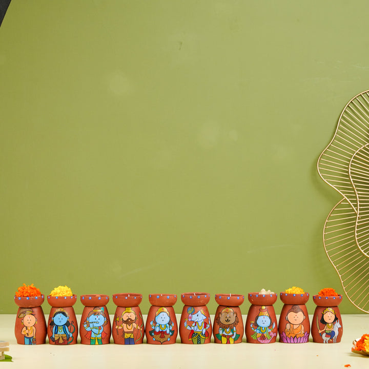 Hand-Painted Dashavatar Theme Terracotta Tealight Holder | Set Of 10