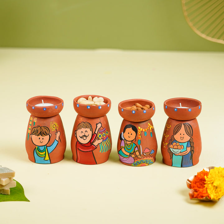 Hand-Painted Diwali Scene Theme Terracotta Tealight Holder | Set Of 4