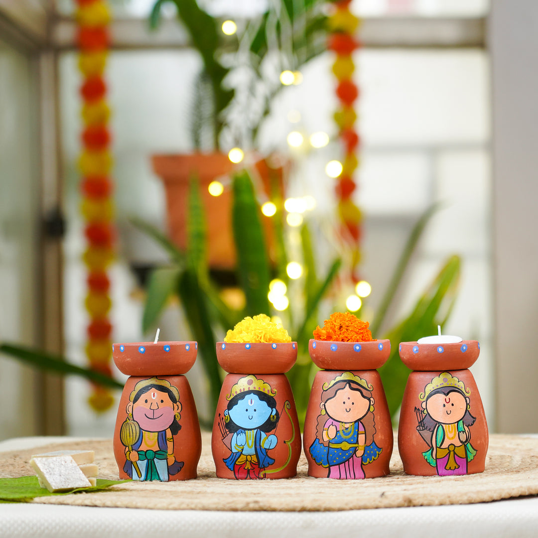 Hand-Painted Ramayan Scene Theme Terracotta Tealight Holder | Set Of 4