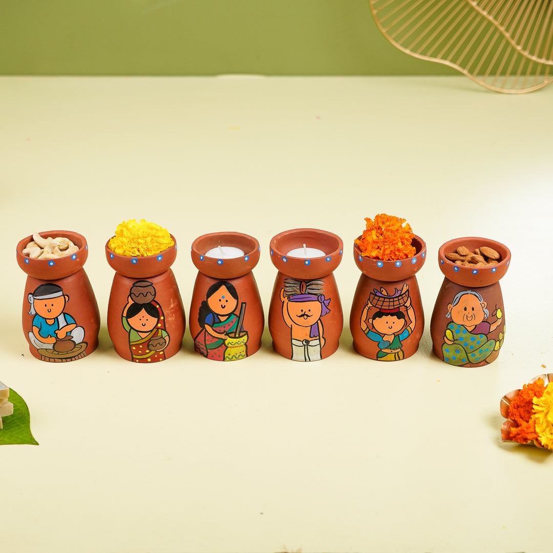 Hand-Painted Village Scene Theme Terracotta Tealight Holder | Set Of 6
