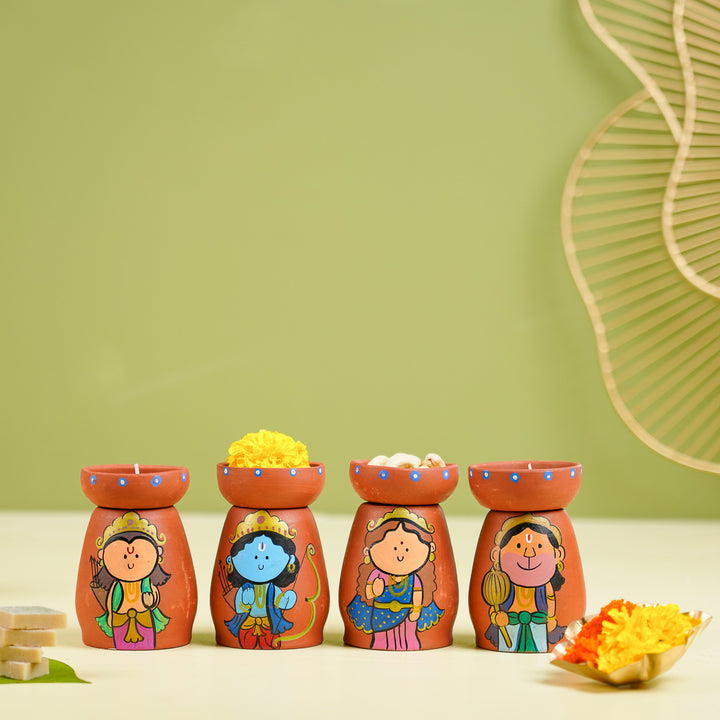 Hand-Painted Ramayan Scene Theme Terracotta Tealight Holder | Set Of 4