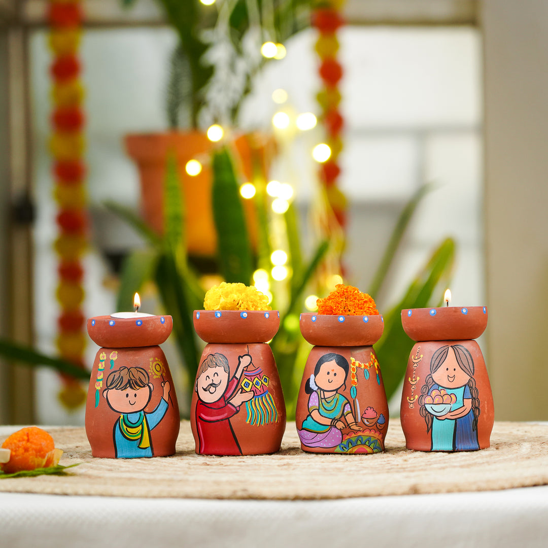Hand-Painted Diwali Scene Theme Terracotta Tealight Holder | Set Of 4