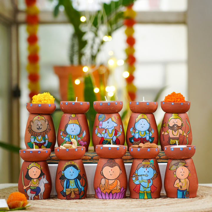 Hand-Painted Dashavatar Theme Terracotta Tealight Holder | Set Of 10