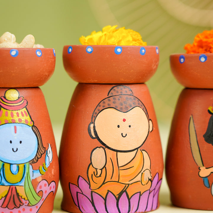 Hand-Painted Dashavatar Theme Terracotta Tealight Holder | Set Of 10