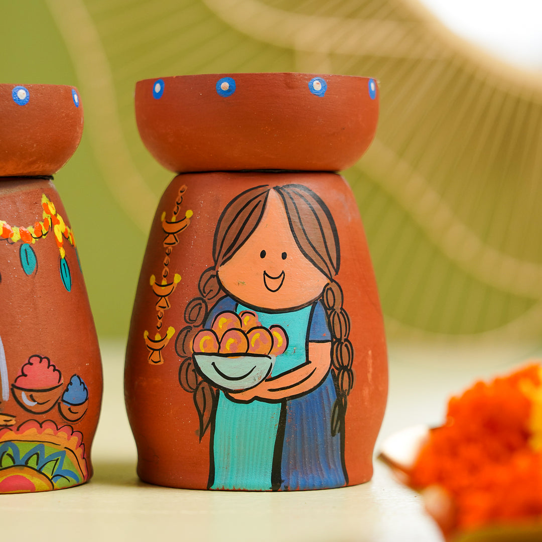 Hand-Painted Diwali Scene Theme Terracotta Tealight Holder | Set Of 4