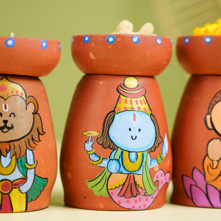 Hand-Painted Dashavatar Theme Terracotta Tealight Holder | Set Of 10