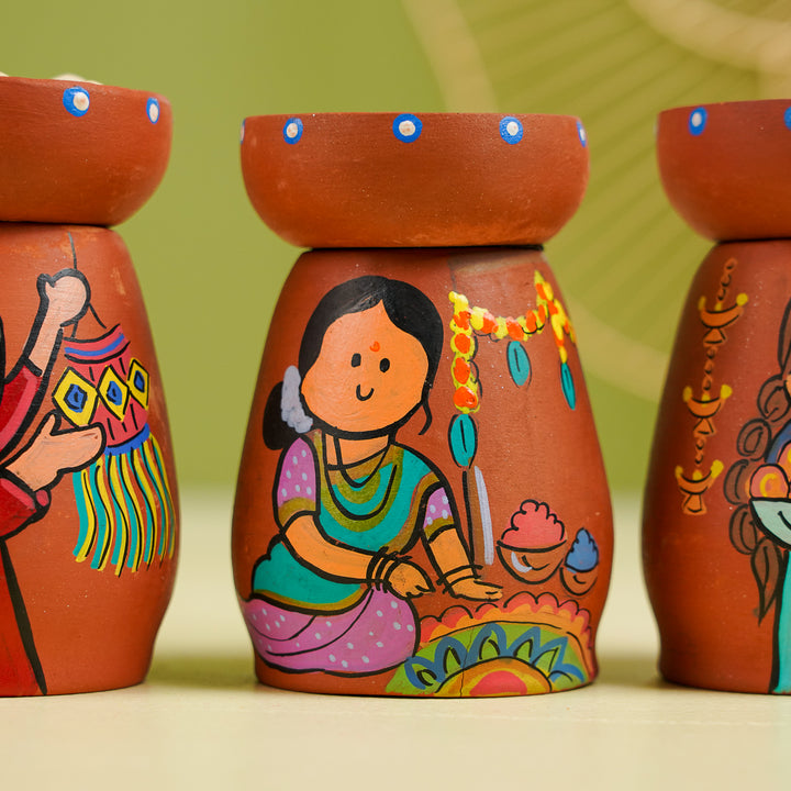 Hand-Painted Diwali Scene Theme Terracotta Tealight Holder | Set Of 4