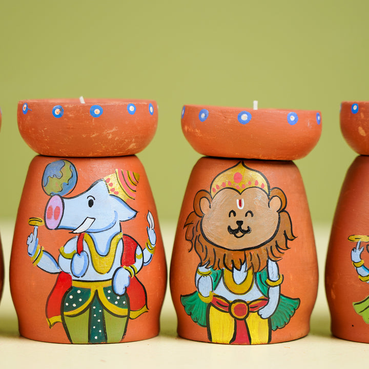 Hand-Painted Dashavatar Theme Terracotta Tealight Holder | Set Of 10