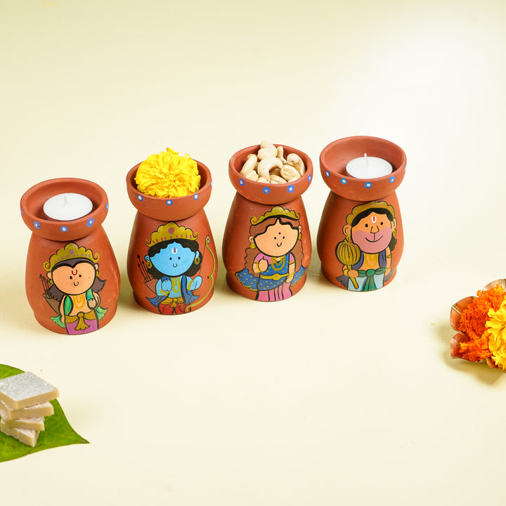 Hand-Painted Ramayan Scene Theme Terracotta Tealight Holder | Set Of 4