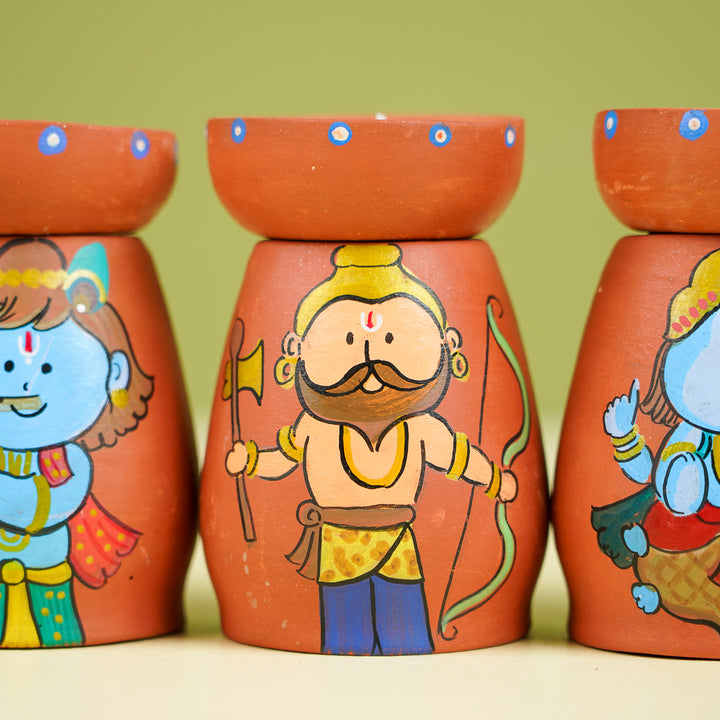 Hand-Painted Dashavatar Theme Terracotta Tealight Holder | Set Of 10