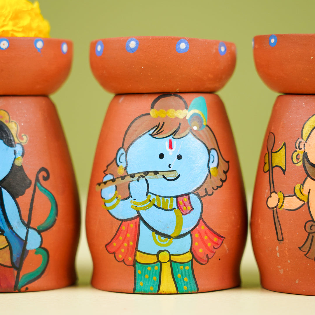 Hand-Painted Dashavatar Theme Terracotta Tealight Holder | Set Of 10