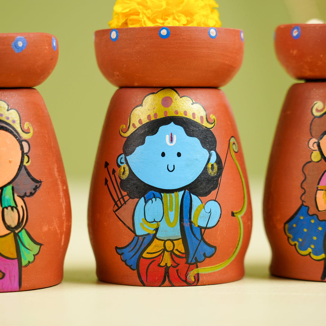 Hand-Painted Ramayan Scene Theme Terracotta Tealight Holder | Set Of 4