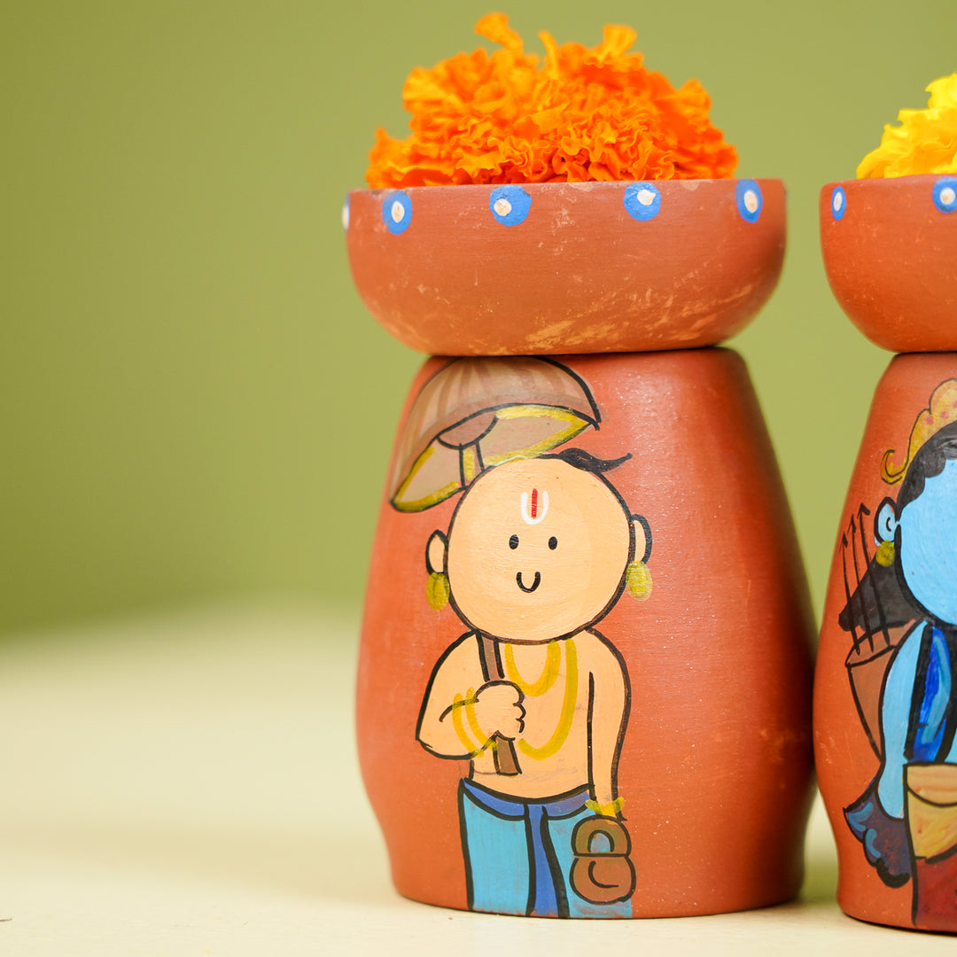 Hand-Painted Ramayan Scene Theme Terracotta Tealight Holder | Set Of 4
