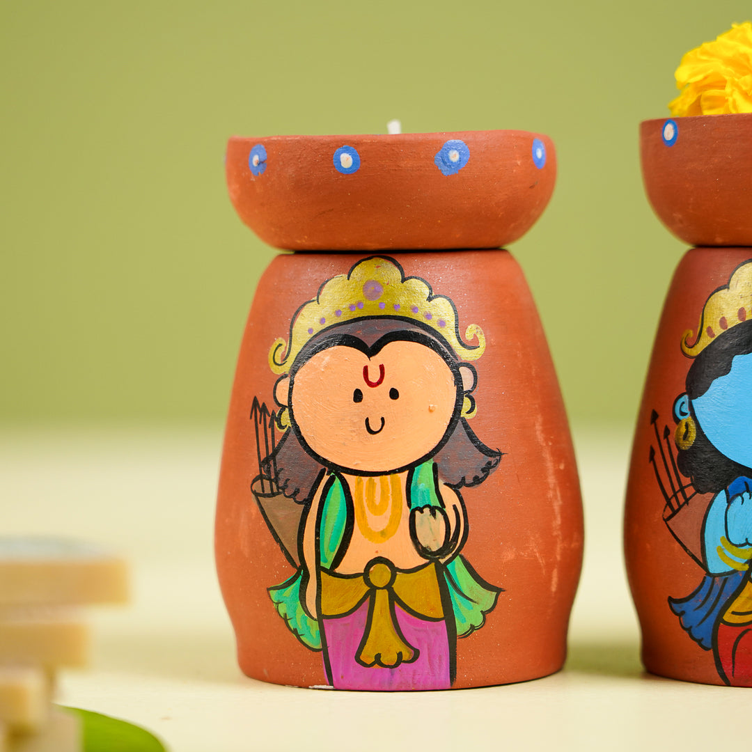 Hand-Painted Ramayan Scene Theme Terracotta Tealight Holder | Set Of 4