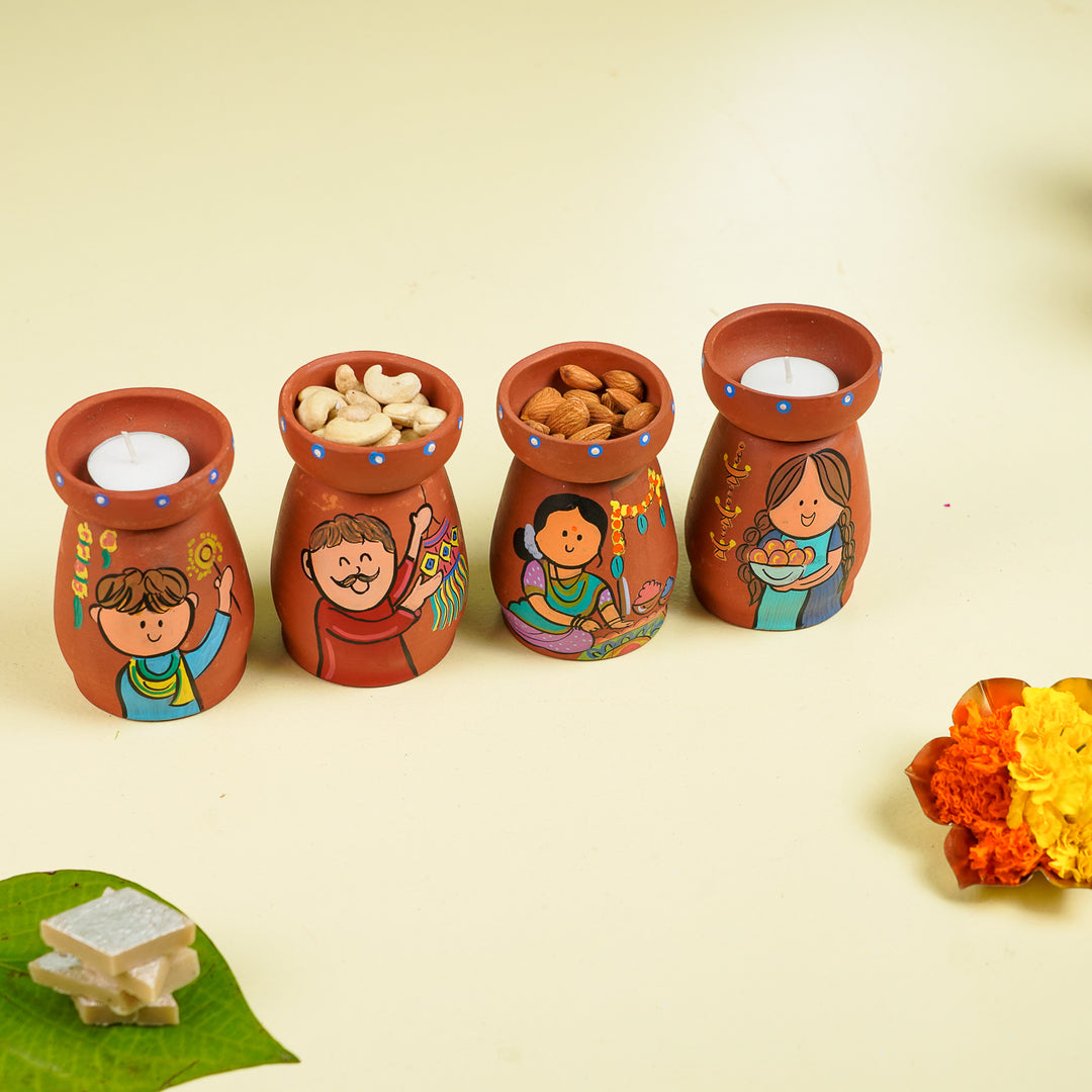 Hand-Painted Diwali Scene Theme Terracotta Tealight Holder | Set Of 4