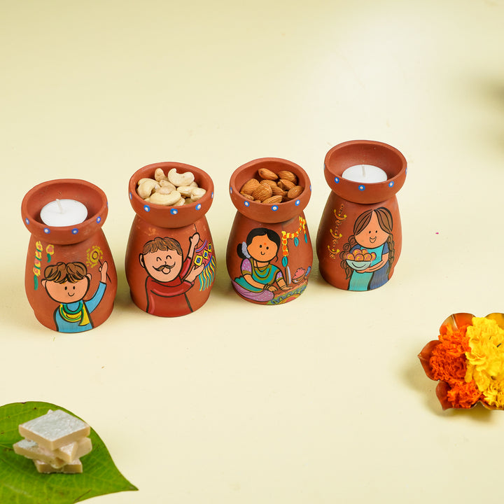 Hand-Painted Diwali Scene Theme Terracotta Tealight Holder | Set Of 4