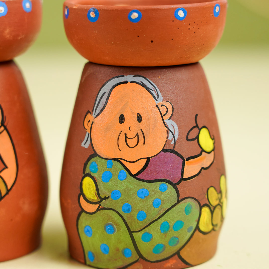 Hand-Painted Village Scene Theme Terracotta Tealight Holder | Set Of 6