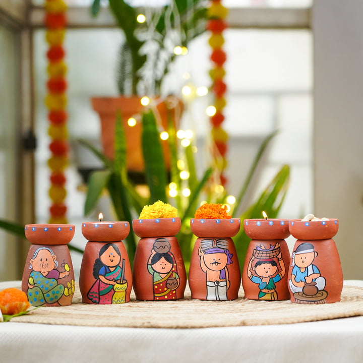 Hand-Painted Village Scene Theme Terracotta Tealight Holder | Set Of 6