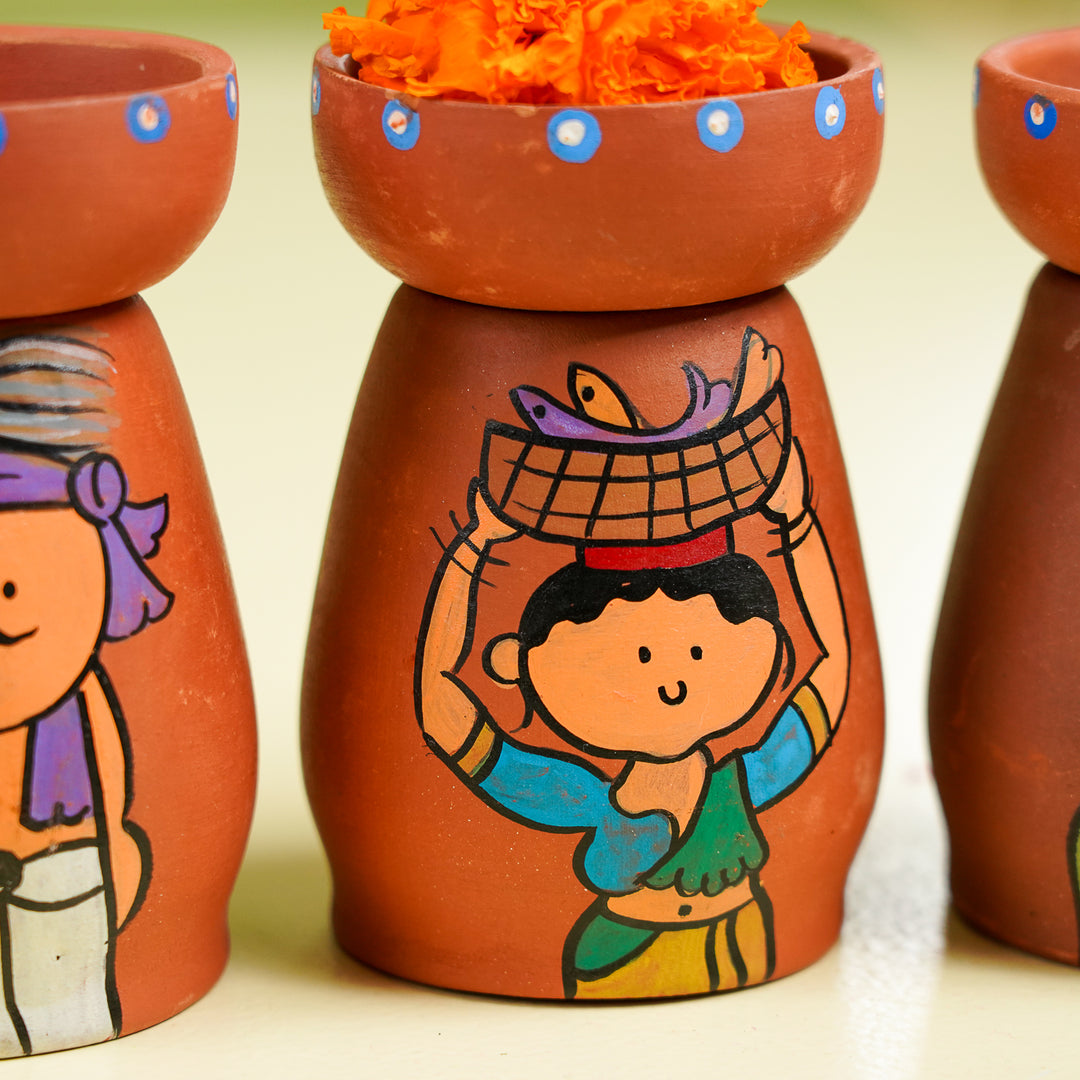 Hand-Painted Village Scene Theme Terracotta Tealight Holder | Set Of 6