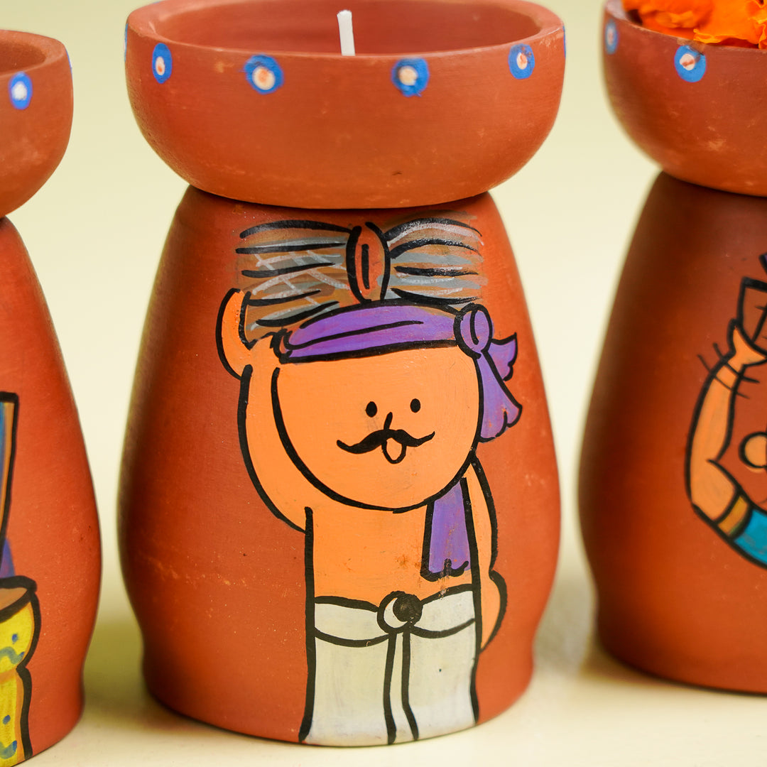 Hand-Painted Village Scene Theme Terracotta Tealight Holder | Set Of 6
