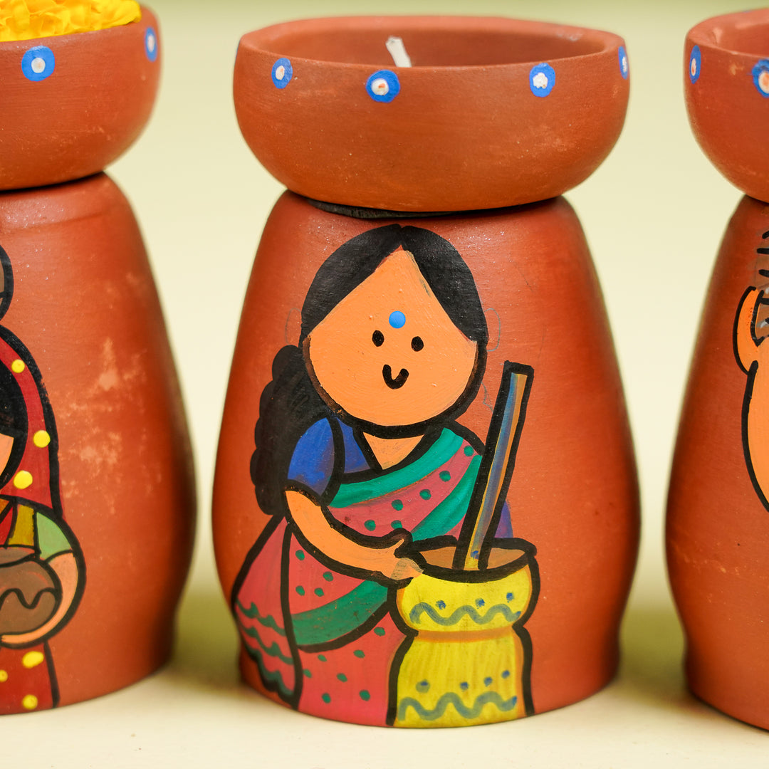 Hand-Painted Village Scene Theme Terracotta Tealight Holder | Set Of 6