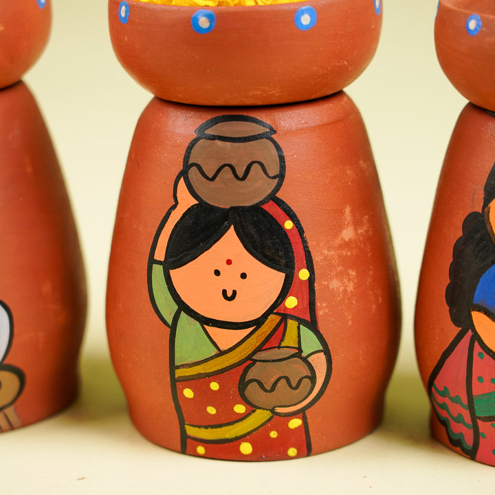 Hand-Painted Village Scene Theme Terracotta Tealight Holder | Set Of 6