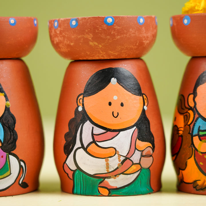 Hand-Painted Devis Theme Terracotta Tealight Holder | Set Of 9