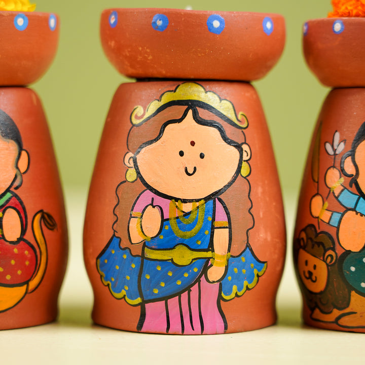 Hand-Painted Devis Theme Terracotta Tealight Holder | Set Of 9