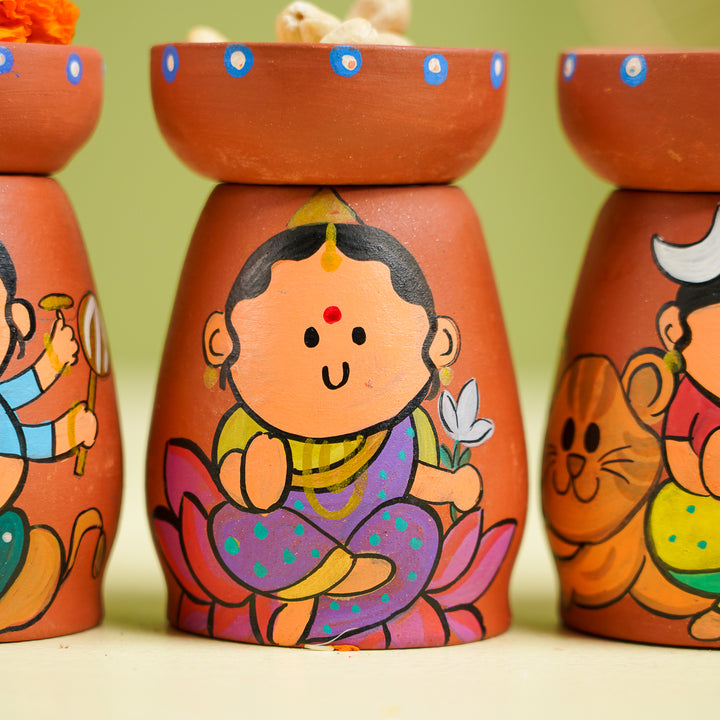 Hand-Painted Devis Theme Terracotta Tealight Holder | Set Of 9