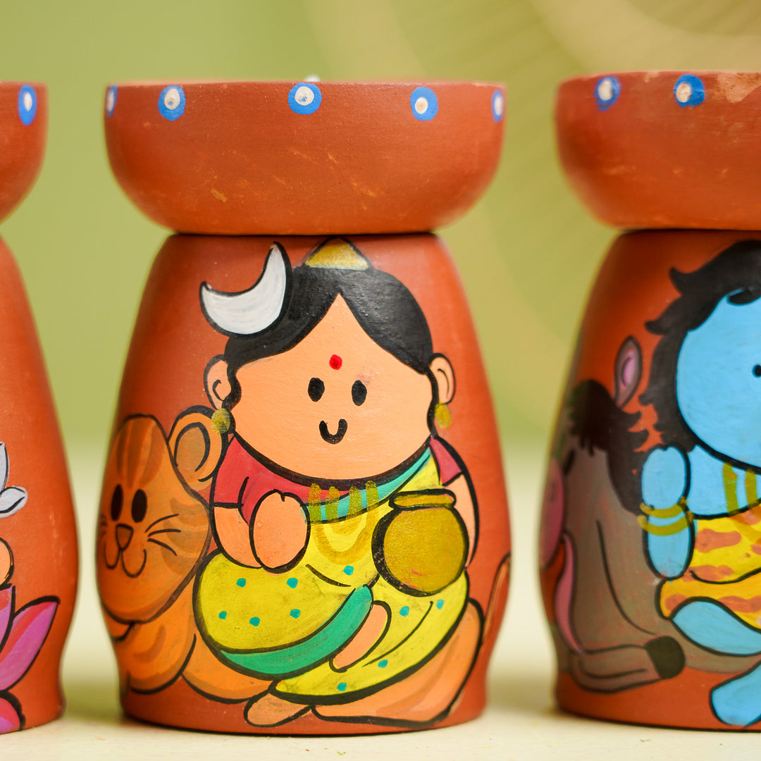 Hand-Painted Devis Theme Terracotta Tealight Holder | Set Of 9