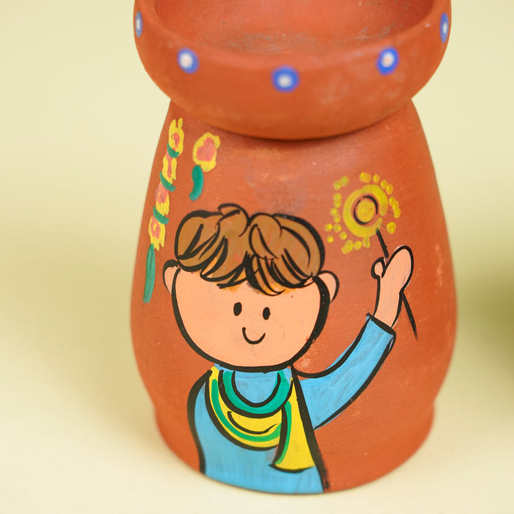 Hand-Painted Diwali Scene Theme Terracotta Tealight Holder | Set Of 4