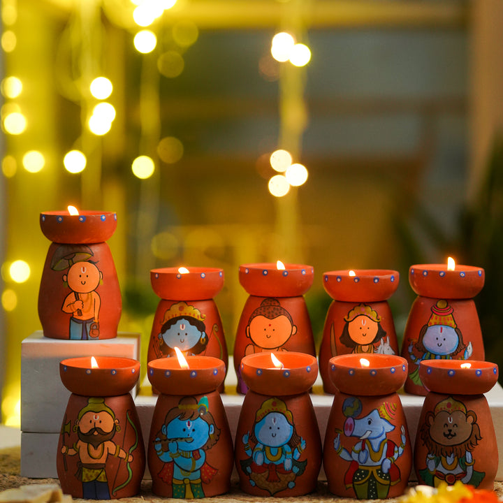 Hand-Painted Dashavatar Theme Terracotta Tealight Holder | Set Of 10