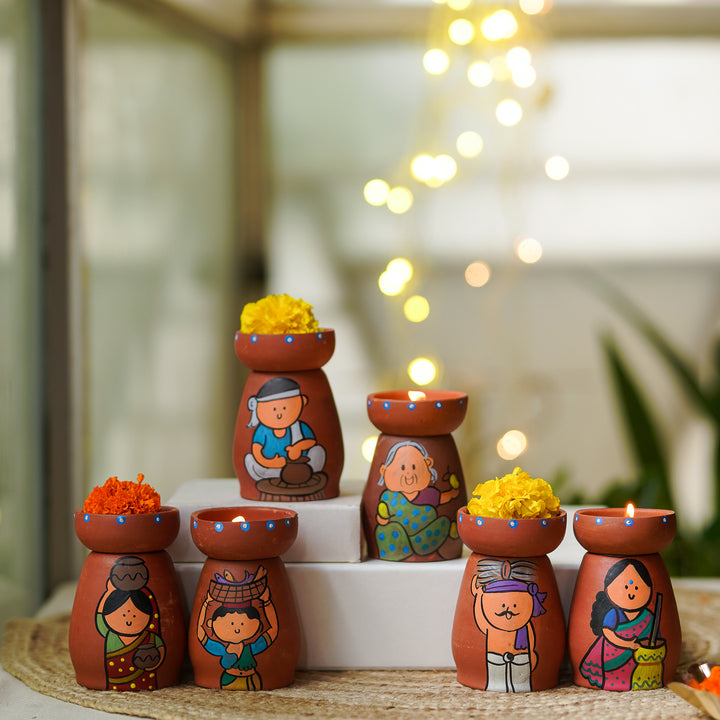 Hand-Painted Village Scene Theme Terracotta Tealight Holder | Set Of 6