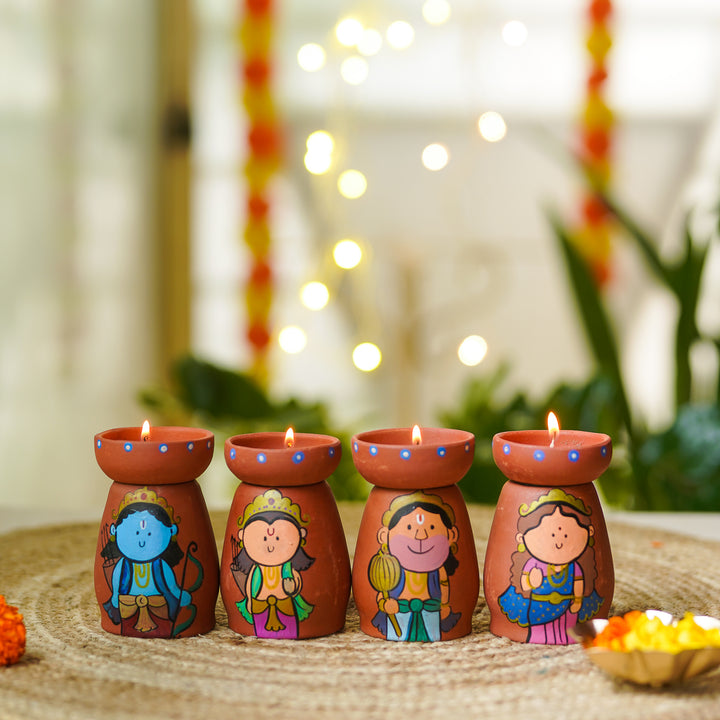 Hand-Painted Ramayan Scene Theme Terracotta Tealight Holder | Set Of 4
