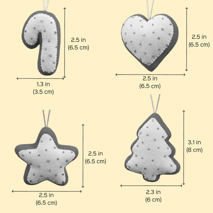 4 Pc | Handmade Red & White Star, Heart, Tree & Candy Felt Ornaments For Christmas Decoration