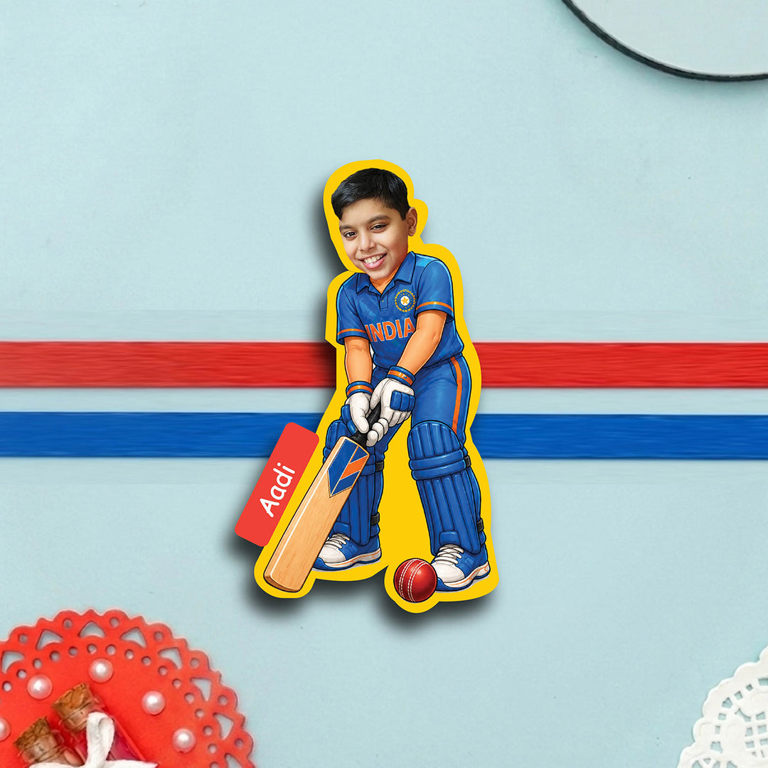 Photo Personalized Cricketer Caricature MDF Wood Kids Rakhi With Roli Chawal