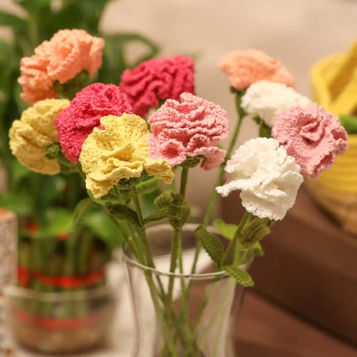 Handmade Crochet Carnations Cotton Flower Stick | Pack Of 1
