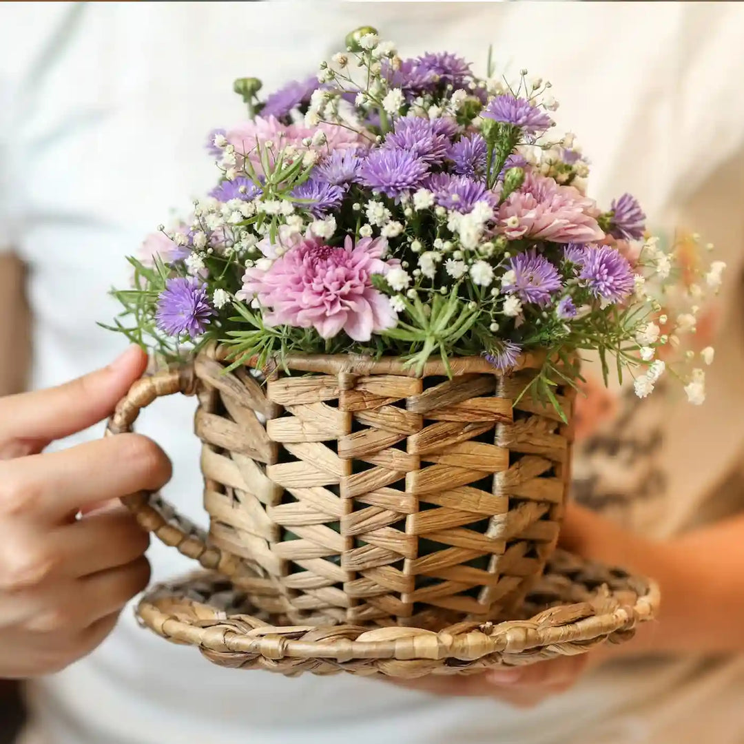 Handmade Crochet Tea Cup Design Water Hyacinth Basket