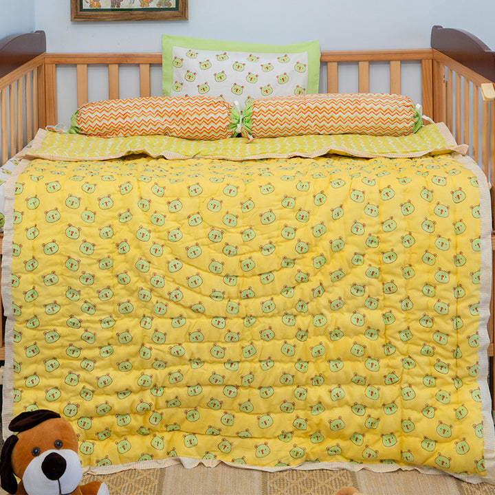 Green Panda Hand Block Printed Baby Quilt