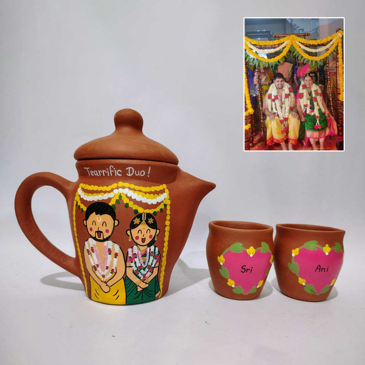 Handpainted Clay Teaset With Photo Based Caricature For Couples